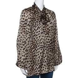 Pre Owned بلوزة سي أتش كارولينا هيريرا بأكمام طويلة حرير مطبوع نقشة الفهد بيج مقاس كبير (لارج)