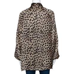 Pre Owned بلوزة سي أتش كارولينا هيريرا بأكمام طويلة حرير مطبوع نقشة الفهد بيج مقاس كبير (لارج)