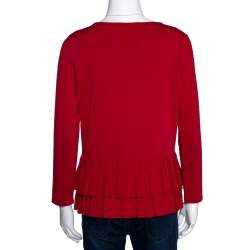 Pre Owned CH Carolina Herrera Red Knit Pleated Hem Cardigan M