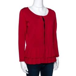 Pre Owned CH Carolina Herrera Red Knit Pleated Hem Cardigan M