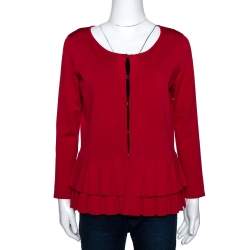 Pre Owned CH Carolina Herrera Red Knit Pleated Hem Cardigan M