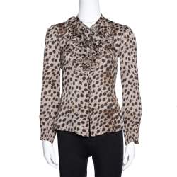 Pre Owned بلوزة سي أتش كارولينا هيريرا منفوشة حرير مطبوع نقشة الفهد بني مقاس صغير (سمول)
