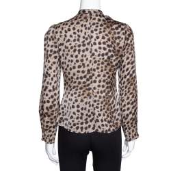 Pre Owned بلوزة سي أتش كارولينا هيريرا منفوشة حرير مطبوع نقشة الفهد بني مقاس صغير (سمول)