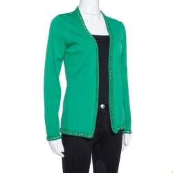 Pre Owned CH Carolina Herrera Green Knit Metal Detail Open Front Cardigan S