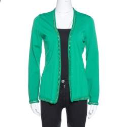 Pre Owned CH Carolina Herrera Green Knit Metal Detail Open Front Cardigan S