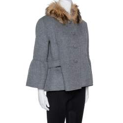 Pre Owned CH Carolina Herrera Grey Wool Fur Trim Peplum Jacket L