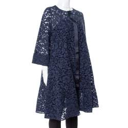 Pre Owned CH Carolina Herrera Navy Blue Lace Flared Coat S