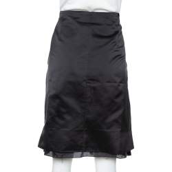 Pre Owned CH Carolina Herrera Black Satin Silk Pleat Underlay Skirt L