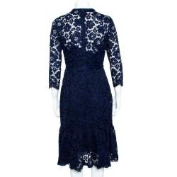 Pre Owned CH Carolina Herrera Navy Blue Lace Flounce Hem Midi Dress M