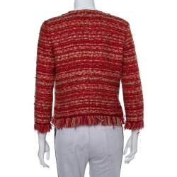 Pre Owned CH Carolina Herrera Red & Beige Tweed Collarless Jacket M