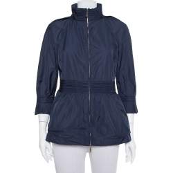Pre Owned CH Carolina Herrera Navy Blue Synthetic Zip Front Peplum Jacket S