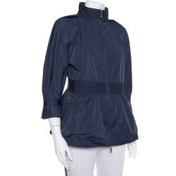 Pre Owned CH Carolina Herrera Navy Blue Synthetic Zip Front Peplum Jacket S