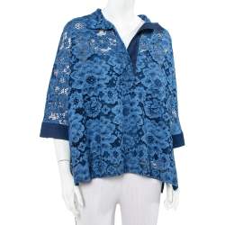 Pre Owned CH Carolina Herrera Blue Lace & Denim Faded Effect Oversized Top M