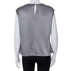 Pre Owned توب سي إتش كارولينا هيريرا حرير ساتان رصاصي مكشكش بلا أكمام مقاس كبير - لارج