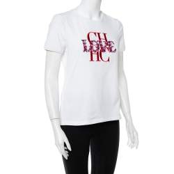 Pre Owned توب سي إتش كارولينا هيريرا قطن أبيض بالشعار مطرز مقاس متوسط - ميديوم