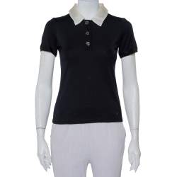 Pre Owned CH Carolina Herrera Black Knit Contrast Trim Detail Polo T-Shirt XS