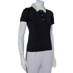 Pre Owned CH Carolina Herrera Black Knit Contrast Trim Detail Polo T-Shirt XS