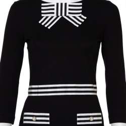 Pre Owned فستان سي أتش كارولينا هيريرا قصير مزين فيونكة و حافة مخططة تريكو أسود مقاس صغير جداً (اكس سمول)