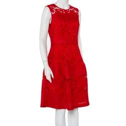 Pre Owned CH Carolina Herrera Red Lace & Mesh Paneled Sleeveless Mini Dress M