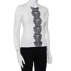 Pre Owned CH Carolina Herrera White Cotton Lace Trim Detail T-Shirt XS