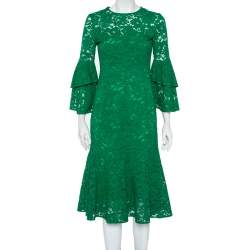 CH Carolina Herrera Green Lace Bell Sleeve Detail Midi Dress S