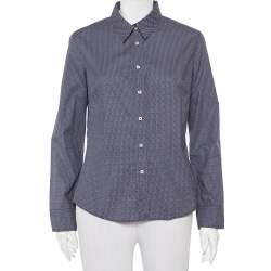 CH Carolina Herrera Navy Blue Logo Printed Cotton Button Front Shirt L