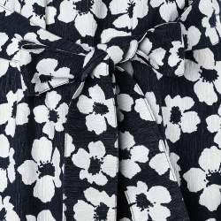 Pre Owned CH Carolina Herrera Navy Blue Floral Print Silk & Linen Belted Dress XS