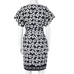 Pre Owned CH Carolina Herrera Navy Blue Floral Print Silk & Linen Belted Dress XS