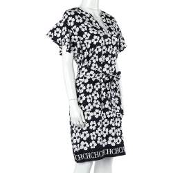 Pre Owned CH Carolina Herrera Navy Blue Floral Print Silk & Linen Belted Dress XS