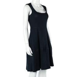 Pre Owned CH Carolina Herrera Navy Blue Textured Cotton Flared Dress S