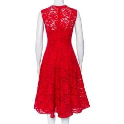Pre Owned CH Carolina Herrera Red Lace Sleeveless Flared Midi Dress S