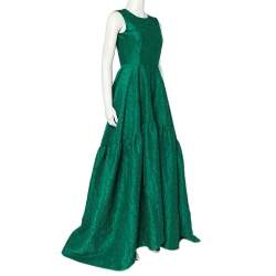 مملوكة مسبقًا CH Carolina Herrera Green Floral Jacquard Trail Detail Flared Gown S