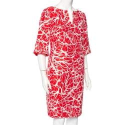 Pre Owned CH Carolina Herrera Red & White Printed Textured Linen Mini Dress L