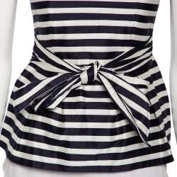 Pre Owned توب سي أتش كارولينا هيريرا ببلوم تفاصيل ربطةخصر قطن مخطط أبيض وأزرق مقاس صغير جدا