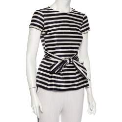 Pre Owned توب سي أتش كارولينا هيريرا ببلوم تفاصيل ربطةخصر قطن مخطط أبيض وأزرق مقاس صغير جدا