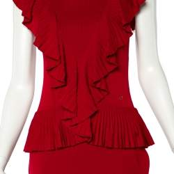 Pre Owned فستان سي إتش كارولينا هيريرا كشكشة مزينة تريكو أحمر بببليوم مقاس كبير - لارج