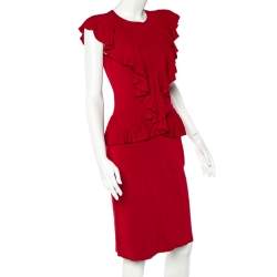 Pre Owned فستان سي إتش كارولينا هيريرا كشكشة مزينة تريكو أحمر بببليوم مقاس كبير - لارج