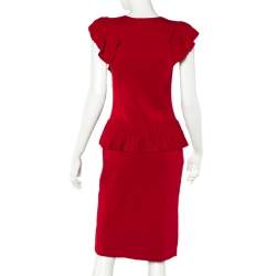 Pre Owned فستان سي إتش كارولينا هيريرا كشكشة مزينة تريكو أحمر بببليوم مقاس كبير - لارج