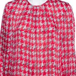 Pre Owned CH Carolina Herrera Red Printed Silk Smocked Cuff Detail Blouse L 