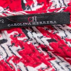 Pre Owned CH Carolina Herrera Red Printed Silk Smocked Cuff Detail Blouse L 
