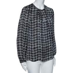 Pre Owned CH Carolina Herrera Monochrome Geometric Print Silk Blouse L