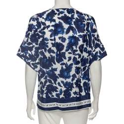 مملوكة مسبقًا بلوزة سي أتش كارولينا هيريرا كم قصير حرير طباعة زهور أزرق مقاس صغير