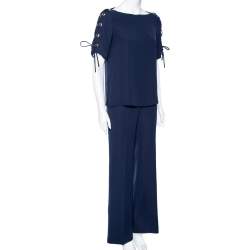 CH Carolina Herrera Navy Blue Crepe Tie-Up Detailed Suit Set M
