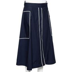 مملوكة مسبقًا CH Carolina Herrera Navy Blue Cotton Contrast Detail Belted Midi Skirt M
