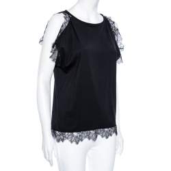 Pre Owned CH Carolina Herrera Black Cotton & Lace Trimmed Top L