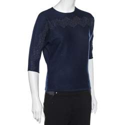 CH Carolina Herrera Navy Blue Wool & Lace Trim Detailed Jumper S