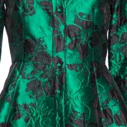 Pre Owned CH Carolina Herrera Green Floral Brocade Flared Shirt Dress M