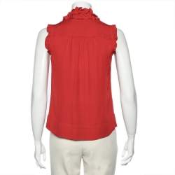 مملوكة مسبقًا CH Carolina Herrera Red Silk Ruffle Neck Sleeveless Top XS
