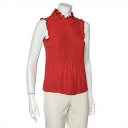 مملوكة مسبقًا CH Carolina Herrera Red Silk Ruffle Neck Sleeveless Top XS