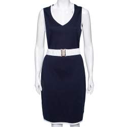 مملوكة مسبقًا CH Carolina Herrera Navy Blue Cotton Sleeveless Belted Dress M